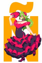 Rule 34 | 1boy, absurdres, bare shoulders, black choker, black dress, blush, choker, clothing request, combos &amp; doodles, creatures (company), crossdressing, dress, earrings, frilled dress, frills, full body, game freak, green eyes, green hair, hair ornament, hand fan, high heels, highres, jewelry, long hair, looking at viewer, n (pokemon), nintendo, orange background, pink nails, pokemon, pokemon bw, ponytail, red dress, sleeveless, solo, trap, two-tone background, two-tone dress, white background