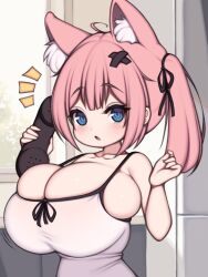 Rule 34 | 1girl, :o, absurdres, ahoge, animal ear fluff, animal ears, black ribbon, blue eyes, breasts, cat ears, cleavage, collarbone, hair ornament, hair ribbon, highres, holding, holding phone, huge breasts, long hair, looking at viewer, molly (type moll), oppai loli, original, phone, ribbon, solo, strap gap, two side up, type moll, upper body, x hair ornament