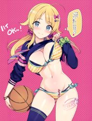 Rule 34 | 1girl, absurdres, ahoge, ball, basketball, basketball (object), bikini, bikini top lift, bikini under clothes, blonde hair, blue eyes, blue thighhighs, blush, bow, breasts, cleavage, closed mouth, clothes lift, contrapposto, cowboy shot, cum, cum in clothes, cumdrip, fingernails, front-tie bikini top, front-tie top, gluteal fold, hachimiya meguru, hair bow, hair ornament, hairclip, head tilt, highres, idolmaster, idolmaster shiny colors, large breasts, layered bikini, lifted by self, long hair, looking at viewer, low twintails, navel, ootomo takuji, polka dot, polka dot background, pussy juice, scan, shirt lift, side-tie bikini bottom, single thighhigh, skindentation, solo, standing, swimsuit, thighhighs, translated, twintails, unaligned breasts, wristband