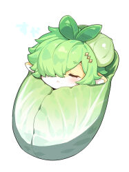 Rule 34 | cabbage, colored skin, green hair, highres, leaf, napa cabbage, original, parted lips, pointy ears, short hair, solo, swaddled, yadayada, yellow skin