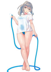 Rule 34 | 1girl, bad id, bad pixiv id, bare shoulders, barefoot, blue one-piece swimsuit, blush, breasts, cleavage, collarbone, competition swimsuit, full body, green eyes, grey hair, hair between eyes, highleg, highleg swimsuit, highres, hose, kekemotsu, large breasts, legs, long hair, looking at viewer, medium breasts, one-piece swimsuit, open mouth, original, ponytail, see-through, shirt, simple background, solo, standing, swimsuit, t-shirt, wet, wet clothes, wet shirt, white background