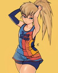 Rule 34 | 1girl, absurdres, apoloniodraws, arm strap, basketball uniform, blue eyes, english text, highres, humanization, lola bunny, looking at viewer, looney tunes, ribbon, simple background, space jam, space jam: a new legacy, sportswear, tying hair, yellow background