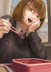 Rule 34 | 1girl, 6+boys, absurdres, bento, bob cut, brown eyes, brown hair, chopsticks, giant, giantess, hair ornament, hairclip, head rest, highres, in container, indoors, long sleeves, looking at another, lunchbox, mini person, miniboy, minigirl, multiple boys, nail polish, necktie, open mouth, original, pink nails, saliva, school uniform, short hair, size difference, striped necktie, striped neckwear, sweater, swept bangs, teeth, uru (uru0000), vore, window, wing collar