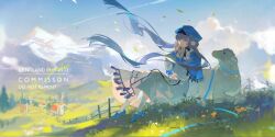 1girl blue_hair blue_shawl dress glass_harmonica grasslands harmonica hat hiroside instrument long_hair noland original shawl sheep shepherd the_young_shepherdess twintails white_dress