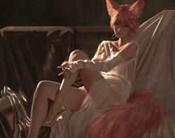 Rule 34 | 1girl, animal ears, commentary, dress, english commentary, foot out of frame, fox ears, fox girl, fox tail, hair between eyes, high heels, long sleeves, looking at viewer, original, photo-referenced, pink eyes, pink hair, pink lips, serpentigena, short hair, sitting, sleeves past wrists, solo, tail, white dress