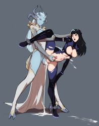Rule 34 | 2futa, black eyes, black hair, blue hair, blue sclera, blue skin, bodysuit, breasts, breasts out, colored sclera, colored skin, commentary, cum, cumdrip, ejaculating while penetrated, ejaculation, english commentary, erection, extra arms, extra eyes, full body, futa with futa, futanari, grey background, hand on another&#039;s head, hand on another&#039;s waist, handjob, high heels, highres, hooves, horns, leg lift, legs apart, light blue hair, long hair, looking at another, medium breasts, mole, mole under eye, monster girl, motion blur, multiple futa, multiple horns, navel, nipples, open mouth, original, parted lips, penis, pointy ears, reach-around, sex, sex from behind, simple background, sketch, smile, standing, standing on one leg, standing sex, stomach bulge, tarakanovich, testicles, thighhighs, third eye, torn bodysuit, torn clothes, uncensored, white legwear, yuna (tarakanovich)