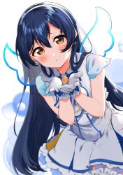 Rule 34 | 1girl, absurdres, artist name, artist request, bent over, blue hair, blush, breasts, commentary, cowboy shot, dress, earrings, fake wings, female focus, frilled dress, frills, gloves, hair between eyes, hairband, highres, jewelry, long hair, looking at viewer, love live!, love live! school idol festival, love live! school idol project, parted lips, simple background, smile, solo, sonoda umi, star (symbol), star earrings, tagme, totoki86, white background, white dress, white gloves, white hairband, wings, yellow eyes