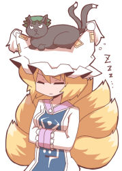 Rule 34 | 1girl, animal, animal on head, blonde hair, cat, cat on head, cat tail, chen, chen (cat), dress, closed eyes, female focus, fox tail, hands in opposite sleeves, hat, hat with ears, houroku, long sleeves, looking at viewer, multiple tails, nekomata, on head, sleeping, tabard, tail, touhou, white dress, yakumo ran, zzz