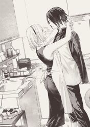 Rule 34 | 1boy, 1girl, absurdres, amputee, apron, arms around neck, bowl, chinese commentary, commentary, cup, cupboard, dishes, dress, electrical outlet, face-to-face, faucet, feet out of frame, greyscale, hairband, haruno sakura, heart, highres, hug, kitchen, long dress, long sleeves, monochrome, motion lines, mutual hug, naruto (series), niku (ni23ku), rice cooker, saucepan, shirt, shoes, short hair, sink, sleeveless, sleeveless dress, smile, towel, uchiha sasuke, unworn shoes, vest, washing machine