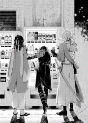 Rule 34 | 3boys, armband, armor, balancing, boots, bottle, can, clothes grab, coat, drink can, facing away, flip-flops, fringe trim, from behind, gloves, greyscale, hair down, hakama, haori, headband, high heel boots, high heels, highres, holding, holding can, ichimonji norimune, japanese armor, japanese clothes, kashuu kiyomitsu, katana, kimono, leaning forward, long hair, long sleeves, monochrome, multiple boys, night, outdoors, pants, partially fingerless gloves, pointing, sandals, sash, scarf, shadow, shoe soles, short hair with long locks, shoulder pads, soda can, standing, standing on one leg, swimsuit, sword, touken ranbu, tsubu, vending machine, weapon, wide sleeves, yamato-no-kami yasusada
