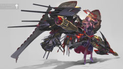 Rule 34 | 1girl, blonde hair, blue eyes, character name, chinese commentary, gun, halo, hand on head, high heels, highres, holding, holding gun, holding weapon, jian huang, kantai collection, kurogane (super robot wars), lily junkers, looking at viewer, mecha musume, parody, purple footwear, purple lips, ranguage, style parody, super robot wars, super robot wars og divine wars, super robot wars original generation, weapon