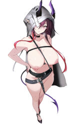 Rule 34 | 1girl, absurdres, arknights, ascalon (arknights), ateoyh, black choker, black footwear, breasts, choker, cleavage, closed mouth, commentary request, demon girl, demon horns, from above, full body, hair between eyes, highres, hood, hood up, horns, horns through hood, large breasts, long hair, looking at viewer, looking up, nipples, nude, pointy ears, red hair, shoes, simple background, standing, sweat, tail, yellow eyes