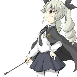 Rule 34 | 10s, 1girl, anchovy (girls und panzer), anzio (emblem), anzio school uniform, belt, black belt, black cape, black necktie, black ribbon, black skirt, cape, closed mouth, commentary request, cowboy shot, dress shirt, drill hair, emblem, girls und panzer, green hair, hair ribbon, hand on own hip, highres, holding, holding riding crop, long hair, long sleeves, miniskirt, necktie, pantyhose, pleated skirt, red eyes, ribbon, riding crop, school uniform, shirt, simple background, skirt, smile, solo, standing, twin drills, twintails, wabiushi, white background, white pantyhose, white shirt, wing collar