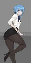 Rule 34 | 1girl, absurdres, alternate costume, alternate hairstyle, ass, black skirt, blue dress, blue eyes, collared shirt, dress, from behind, hair behind ear, hair between eyes, hair bun, hand on own hip, highres, hololive, hoshimachi suisei, looking back, mibe (suiseichu), office lady, pantyhose, shirt, shirt tucked in, single hair bun, skirt, solo, virtual youtuber, white shirt