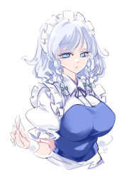 Rule 34 | 1girl, blue eyes, braid, breasts, commentary, cropped torso, grey hair, izayoi sakuya, large breasts, maid, maid headdress, raptor7, short sleeves, side braids, simple background, solo, symbol-only commentary, touhou, twin braids, white background