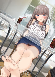 Rule 34 | 1girl, :3, bag, banned artist, bare arms, blouse, blue eyes, blunt bangs, blush, breasts, cafe, chm (macharge), closed mouth, collarbone, denim, denim skirt, drink, earrings, glass table, grey hair, highres, hime cut, jewelry, large breasts, long hair, looking at viewer, original, shirt, sitting, skirt, sleeveless, sleeveless shirt, smile, solo, straight hair, striped clothes, striped shirt, table, thighs, toes, translation request, upskirt, white shirt
