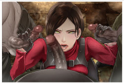 Rule 34 | 1girl, 3boys, ada wong, asian, black hair, blush, bob cut, breasts, butcha-u, censored, curtained hair, double handjob, dress, erection, fellatio, gloved handjob, gloves, group sex, handjob, hetero, highres, holster, imminent fellatio, large penis, looking at viewer, medium breasts, mmf threesome, mosaic censoring, multiple boys, oral, pantyhose, parted lips, penis, penis on face, red lips, red sweater, resident evil, resident evil 4, short hair, shoulder holster, solo focus, surrounded by penises, sweater, sweater dress, testicles, threesome, turtleneck, turtleneck dress, veins, veiny penis, yellow eyes