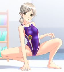Rule 34 | 1girl, absurdres, barefoot, breasts, clothes writing, collarbone, competition swimsuit, full body, green eyes, groin, highleg, highleg swimsuit, highres, long hair, low ponytail, multicolored clothes, multicolored swimsuit, one-piece swimsuit, original, parted lips, purple one-piece swimsuit, shelf, silver hair, small breasts, smile, solo, squatting, stopwatch, stopwatch around neck, swimsuit, takafumi, thick eyebrows, watch