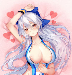 Rule 34 | 1girl, areola slip, arm up, armpits, bare shoulders, bed sheet, blue bow, blush, bow, breasts, casual one-piece swimsuit, cleavage, collarbone, fate/grand order, fate (series), from above, gekka nanako, hair bow, head tilt, heart, highres, large breasts, looking at viewer, lying, on back, on bed, one-piece swimsuit, parted lips, red eyes, silver hair, sweat, sweatband, swimsuit, tomoe gozen (fate), tomoe gozen (swimsuit saber) (fate), tomoe gozen (swimsuit saber) (first ascension) (fate), upper body