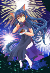 Rule 34 | 1girl, absurdres, animal ears, artist name, artist request, bare legs, blue footwear, blue hair, blue sky, blush, breasts, brown eyes, cake, cat ears, cat tail, china dress, chinese clothes, cloud, curly hair, dress, eating, female focus, firework background, fireworks, floating hair, floral print, flower print, food, fork, full body, hair between eyes, high heels, highres, holding, holding fork, holding plate, long hair, looking at viewer, love live!, love live! school idol project, night, night sky, outdoors, parted lips, plate, sky, small breasts, smile, solo, sonoda umi, star (sky), tail, wavy hair, yellow eyes