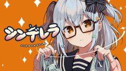 Rule 34 | 1boy, blue hair, bow, cinderella (vocaloid), commentary request, glasses, hair bow, hair ornament, highres, holding, holding shoes, inuyama tamaki, looking at viewer, noripro, official art, orange background, orange eyes, second-party source, shoes, solo, song name, tears, trap, two side up, virtual youtuber, vocaloid, yumesaki nana