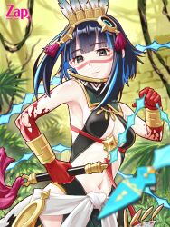 Rule 34 | 1girl, bare shoulders, black hair, black skirt, blood, blood on hands, blue hair, bracer, breasts, colored inner hair, detached collar, facepaint, fate/grand order, fate (series), feathers, forest, grey eyes, halterneck, headdress, high collar, looking at viewer, medium breasts, multicolored hair, nature, pelvic curtain, sash, short hair, sidelocks, skirt, smile, solo, tassel, tenochtitlan (fate), tenochtitlan (first ascension) (fate), whip, zap