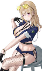 Rule 34 | 1girl, absurdres, black gloves, blonde hair, blue shorts, blush, braid, commentary request, cuffs, fishnet thighhighs, fishnets, gloves, hair between eyes, handcuffs, highres, looking at viewer, midriff, mole, mole under eye, original, police, police uniform, policewoman, renge (730), shorts, side-tie shorts, side braid, simple background, smile, solo, sunglasses, thighhighs, unbuttoned, uniform, white background