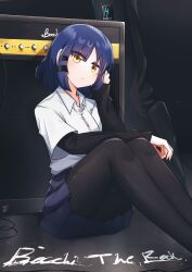 Rule 34 | 1girl, absurdres, artist name, black pantyhose, blue hair, blue skirt, bob cut, bocchi the rock!, closed mouth, collared shirt, commentary, copyright name, energy drink, english commentary, english text, hair ribbon, hand in own hair, head tilt, highres, layered sleeves, light frown, long sleeves, looking at viewer, miniskirt, mizzterbii, mole, mole under eye, on floor, pantyhose, pleated skirt, ribbon, school uniform, shimokitazawa high school uniform, shirt, short hair, short over long sleeves, short sleeves, signature, sitting, skirt, solo, speaker, white shirt, yamada ryo, yellow eyes