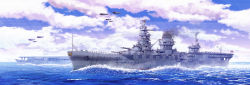 Rule 34 | aircraft, airplane, cloud, day, earasensha, highres, imperial japanese navy, ise (battleship), kikumon, no humans, ocean, original, sky, vehicle focus, waves, zuihou (aircraft carrier)