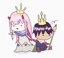 Rule 34 | 1boy, 1girl, black hair, chibi, couple, crown, darling in the franxx, long hair, non-web source, pink hair, simple background, sitting, zero two (darling in the franxx)