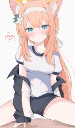Rule 34 | 1girl, absurdres, black jacket, black shorts, blue archive, blue eyes, blush, breasts, closed mouth, commentary request, gym uniform, halo, headband, heart, highres, jacket, long hair, looking at viewer, low ponytail, mari (blue archive), mari (track) (blue archive), medium breasts, nui (nuinui0300), official alternate costume, official alternate hairstyle, open clothes, open jacket, orange hair, paid reward available, puffy short sleeves, puffy sleeves, see-through, shirt, short sleeves, shorts, simple background, sitting, smile, solo, wet, wet clothes, wet shirt, white background, white headband, white shirt, yellow halo