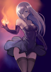 Rule 34 | 1girl, bare shoulders, blue eyes, breasts, cleavage, closed mouth, dress, elbow gloves, fire, gloves, grey thighhighs, hair over one eye, highres, johan (johan13), long hair, medium breasts, original, purple dress, purple gloves, short dress, silver hair, solo, strapless, strapless dress, thighhighs, thighs, zettai ryouiki