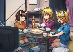 Rule 34 | 3girls, alternate costume, animal ears, blonde hair, blue shirt, bottle, breasts, casual, cat ears, chanta (ayatakaoisii), chen, commentary request, constricted pupils, contemporary, controller, dress, expressionless, extra ears, food, fox ears, fox tail, highres, indoors, long hair, long sleeves, looking down, medium breasts, multiple girls, multiple tails, napkin, no headwear, pajamas, purple dress, purple eyes, purple pajamas, red dress, remote control, rice, seiza, shirt, short dress, short sleeves, shorts, sitting, surprised, t-shirt, table, tail, television, thighs, touhou, white shorts, yakumo ran, yakumo yukari, yellow eyes