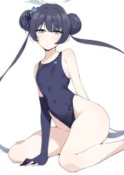 Rule 34 | 1girl, alternate costume, black hair, blue archive, breasts, double bun, grey eyes, hair bun, halcon, halo, highres, kisaki (blue archive), long hair, looking at viewer, one-piece swimsuit, simple background, sitting, small breasts, solo, swimsuit, thighs, twintails, white background