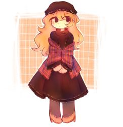 Rule 34 | 1girl, alternate costume, black dress, brown eyes, brown hat, closed mouth, commission, crescent, crescent print, dress, eyes visible through hair, full body, grey pantyhose, hair between eyes, hat, highres, jacket, junko (touhou), long hair, long sleeves, looking to the side, orange background, orange footwear, orange hair, pantyhose, plaid, plaid jacket, red jacket, reibyous, shoes, simple background, solo, standing, touhou, wavy hair, white background, wide sleeves