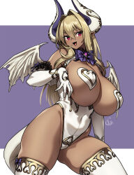 1girl :d blonde_hair breasts cattleya_(houtengeki) commentary_request covered_navel dark-skinned_female dark_skin demon_girl demon_horns demon_tail demon_wings elbow_gloves gloves hair_between_eyes hair_intakes heart_pasties highleg highleg_leotard highres horns houtengeki large_breasts leotard long_hair looking_at_viewer open_mouth original pasties purple_background red_eyes simple_background smile solo tail thighhighs thighs white_gloves white_thighhighs wings