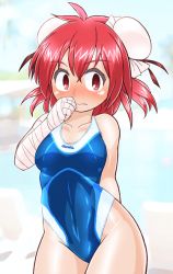 Rule 34 | 1girl, bandages, blue one-piece swimsuit, blush, bun cover, competition swimsuit, cowboy shot, double bun, hair bun, ibaraki kasen, one-piece swimsuit, red eyes, red hair, short hair, solo, standing, swimsuit, touhou, white background, winn