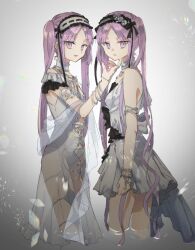 Rule 34 | 2girls, bracelet, chibirisu, euryale (fate), euryale (third ascension) (fate), fate/hollow ataraxia, fate (series), hand on another&#039;s chin, jewelry, multiple girls, purple eyes, purple hair, siblings, standing, stheno (fate), stheno (third ascension) (fate), twins, twintails, wading