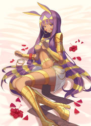 Rule 34 | 1girl, absurdres, animal ears, armlet, boots, bracelet, breasts, dark-skinned female, dark skin, earrings, egyptian clothes, facepaint, facial mark, fate/grand order, fate (series), hair between eyes, hairband, high heel boots, high heels, highres, hoop earrings, jackal ears, jewelry, knee boots, long hair, looking at viewer, low-tied long hair, lucifer liyen, medium breasts, nitocris (fate), nitocris (third ascension) (fate), purple eyes, purple hair, solo, thighlet, usekh collar, very long hair
