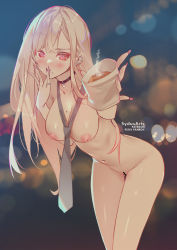 Rule 34 | 1girl, bar censor, black choker, blonde hair, blue necktie, blurry, blurry background, blush, bokeh, bread, breasts, censored, choker, depth of field, ear piercing, earrings, finger to mouth, fingernails, food, food on face, holding, holding food, jewelry, kitagawa marin, large breasts, leaning forward, long fingernails, long hair, looking at viewer, mole, mole on breast, nail polish, naked necktie, navel, necktie, night, nipples, nude, piercing, pinky ring, red eyes, solo, sono bisque doll wa koi wo suru, swept bangs, sydus