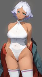 Rule 34 | 1girl, bad id, bad twitter id, bare shoulders, breasts, cameltoe, collarbone, commentary, covered navel, dark-skinned female, dark skin, gundam, gundam suisei no majo, half-closed eyes, highleg, highleg leotard, highres, jacket, large breasts, leotard, licking lips, looking at viewer, open clothes, open jacket, parted bangs, secelia dote, short hair, simple background, skindentation, solo, thighhighs, thighs, tongue, tongue out, white leotard, wide hips, yd (orange maru)