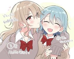 Rule 34 | 2girls, ^ ^, arm around neck, blue hair, blush, bow, character request, closed eyes, copyright request, dated, earrings, heart, highres, jewelry, light brown hair, long hair, long sleeves, looking at viewer, multiple girls, nail polish, open mouth, red bow, red nails, short hair, simple background, translation request, upper body, v-shaped eyebrows, white background, yasaka shuu