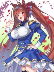 Rule 34 | 1girl, :d, absurdres, animal ears, black thighhighs, blush, breasts, brown hair, daiwa scarlet (umamusume), epaulettes, fangs, frills, hand on own hip, highres, horse ears, horse tail, large breasts, long hair, looking at viewer, open mouth, petals, puffy sleeves, red eyes, smile, solo, tail, thighhighs, tiara, twintails, umamusume, very long hair, yagi (ningen), zettai ryouiki