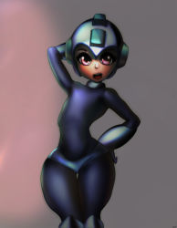 Rule 34 | absurdres, android, arm cannon, arm up, bad id, bad pixiv id, blue suit, eyelashes, formal, hand on own hip, helmet, highres, male focus, mega man (character), mega man (classic), mega man (series), narrow waist, open mouth, pink eyes, solo, suit, thighs, weapon, wide hips