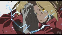 Rule 34 | 1boy, blonde hair, closed mouth, coat, edward elric, electricity, fullmetal alchemist, hair between eyes, letterboxed, long sleeves, male focus, own hands together, prosthesis, prosthetic arm, red coat, sameyama jiro, signature, simple background, solo, yellow eyes