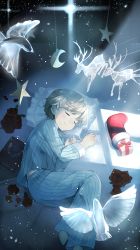 Rule 34 | 1boy, absurdres, bird, book, brown hair, christmas, christmas stocking, cocolo (co co lo), closed eyes, gift, highres, male focus, original, pajamas, pillow, reindeer, sleeping, smile, solo
