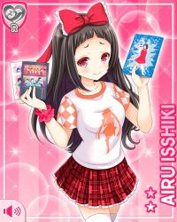 Rule 34 | 1girl, black hair, book, bow, character name, checkers, closed mouth, girlfriend (kari), print shirt, hair bow, holding, holding book, isshiki airu, jacket, leggings, long hair, looking at viewer, official art, pink background, plaid, plaid skirt, qp:flapper, red bow, red eyes, red skirt, school uniform, shirt, skirt, smile, tagme, white shirt