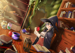 Rule 34 | 1girl, basket, blurry, blush, book, book stack, bookmark, bookshelf, bottle, chair, cloak, depth of field, door, dutch angle, food, food bite, fruit, hair between eyes, hat, holding, holding food, holding fruit, indoors, kuro emimi, lid, long hair, long sleeves, looking at viewer, open book, original, parted lips, plant, scroll, shadow, sitting, solo, sunlight, sweatdrop, wavy mouth, witch, witch hat, wooden floor