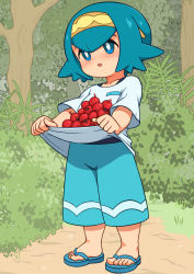 Rule 34 | 1girl, :o, aged down, blue eyes, blush, bush, child, collarbone, creatures (company), female focus, flip-flops, food, fruit, full body, game freak, hairband, kevin.g.tuck, lana (pokemon), nintendo, pants, plant, pokemon, pokemon (anime), pokemon sm, pokemon sm (anime), sandals, shirt, solo, standing, swimsuit, swimsuit under clothes, tree