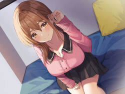 Rule 34 | 1girl, absurdres, black skirt, blush, breasts, brown eyes, brown hair, cleavage, closed mouth, commentary request, hair between eyes, hand on own thigh, highres, large breasts, legs together, long hair, long sleeves, looking at viewer, original, pillow, pink shirt, shirt, simple background, sitting, skirt, smile, solo, udon (udonalium)